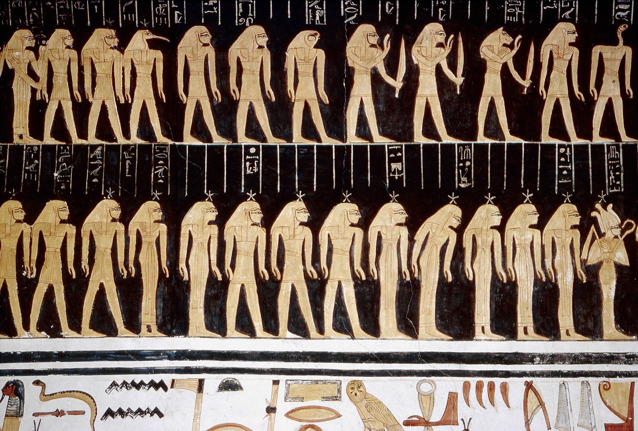 Luxor, Thebe: Vallei der Koningen, tekening van god en godin op de binnenmuur van een tempel. door School Egyptian