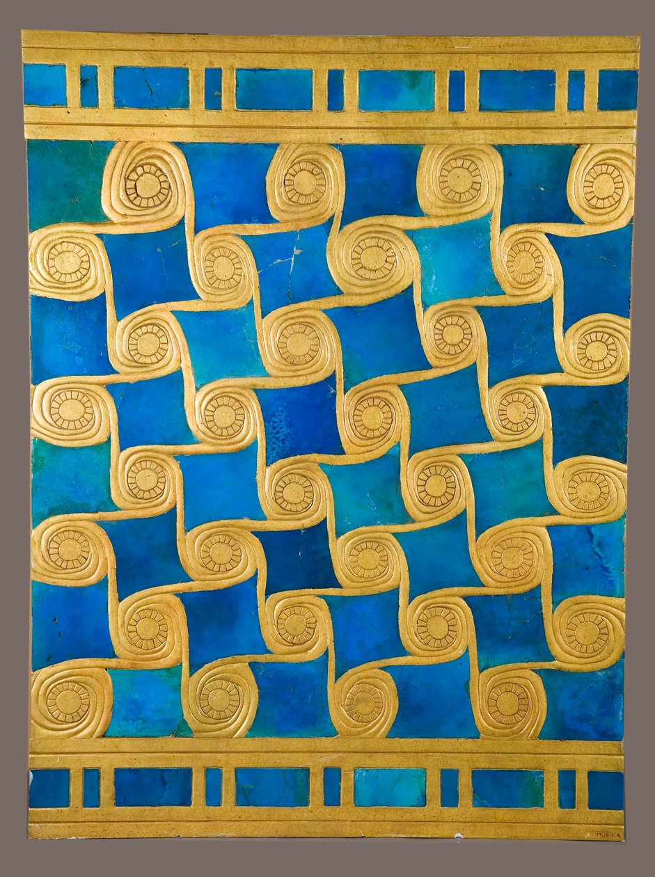 Reconstructie van Muurdecoratie uit de Tempel van Amon in Malqata, c.1390-1352 v.Chr. (faience, modern gips, goudverf) door School Egyptian