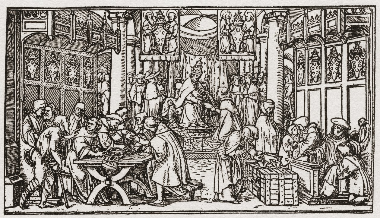 Een verkoop van aflaten tijdens de Tudorperiode in Engeland (gravure) door School English