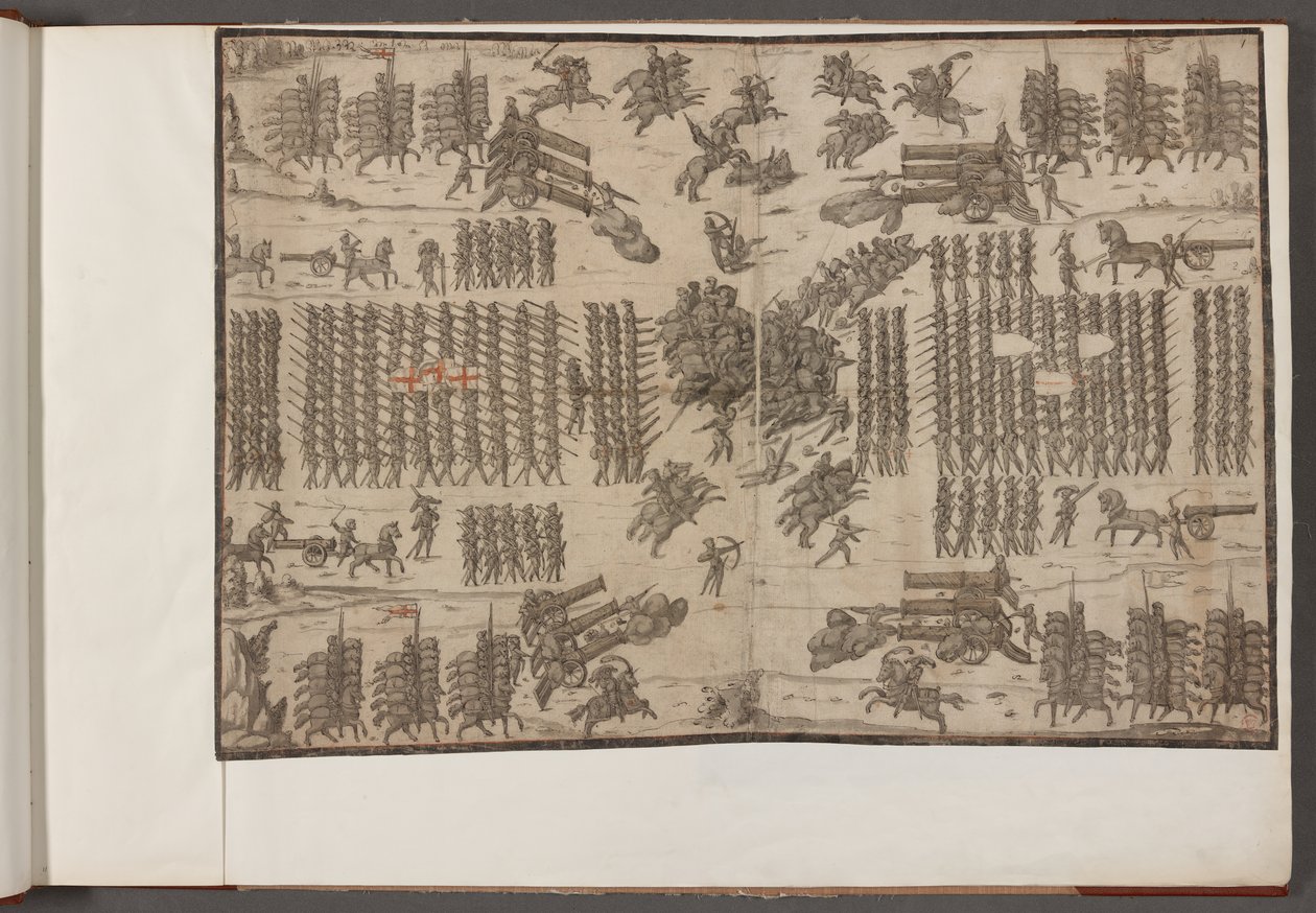 Een slag. Legers in formatie. Tekeningen van legers, soldaten, paarden en harnassen, en andere militaire scènes. 1500-1650 door School English