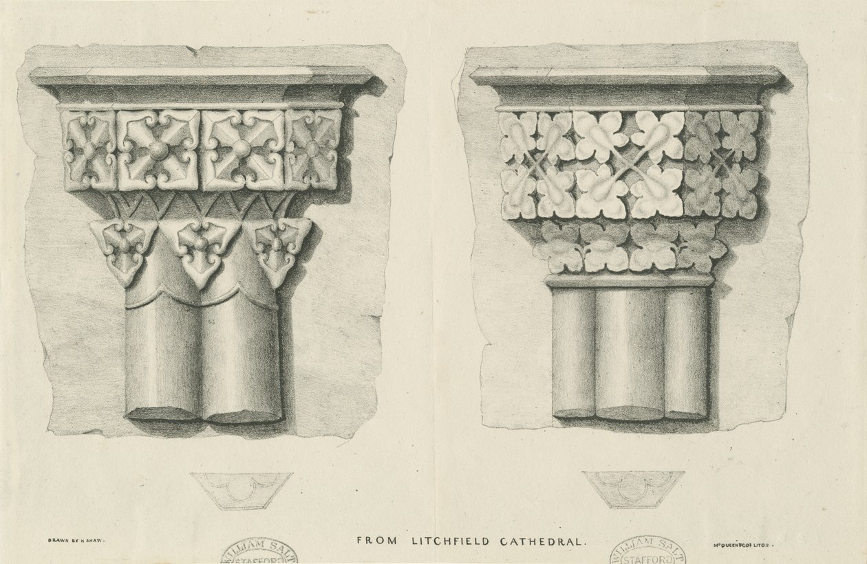 Interieur van de Kathedraal van Lichfield - Gesneden Bladwerk (lithografie, nd [?19e eeuw]) door School English