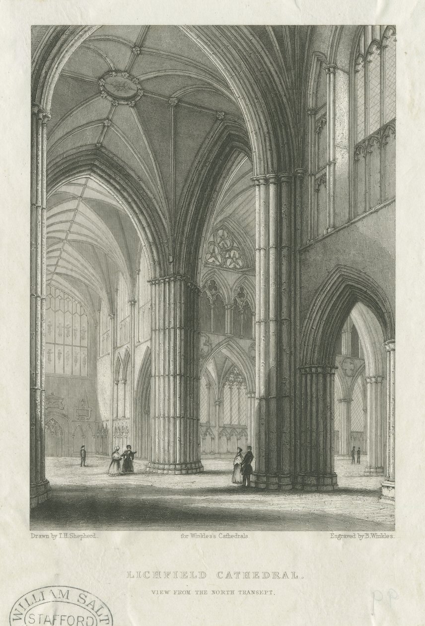 Interieur van de Lichfield Cathedral - Kruising vanuit het noordtransept: gravure, nd [midden 19e eeuw] door School English