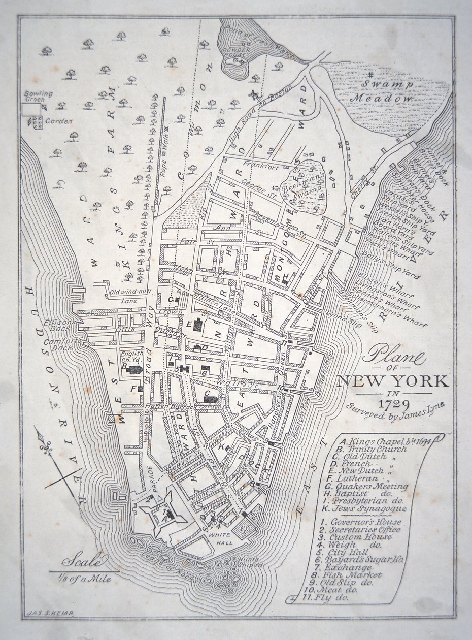 Plan van New York in 1729 door School English