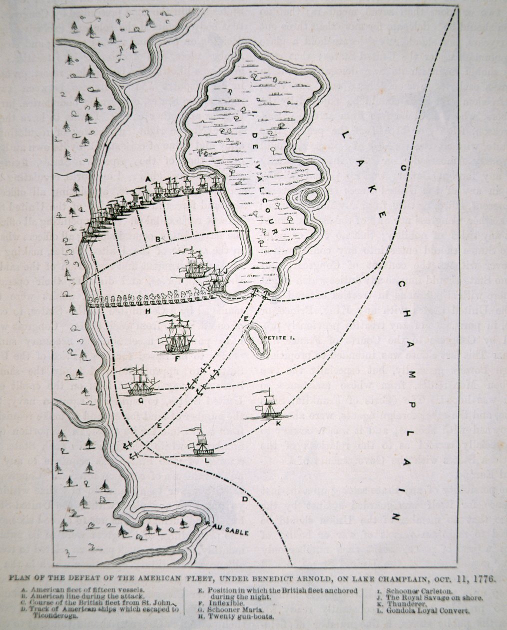 Plan van de nederlaag van de Amerikaanse Vloot op Lake Champlain (litho) door School English