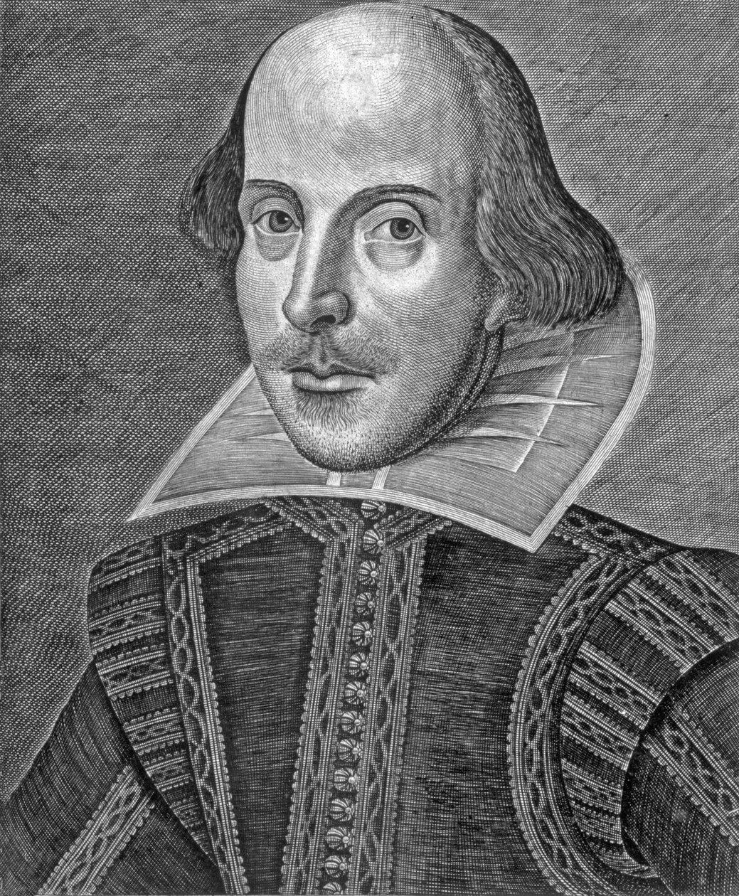 Portret van William Shakespeare, gegraveerd door Martin Droeshout (ca. 1560-ca. 1642) door School English