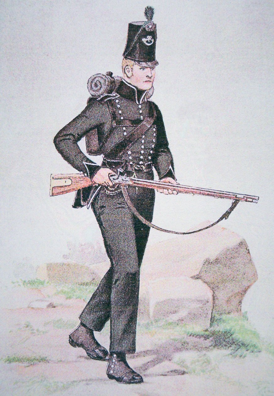 Soldaat van de 95e Rifles, ca. 1810, bewapend met het Baker-geweer, ontworpen door Ezekiel Baker uit Londen (kleur litho) door School English