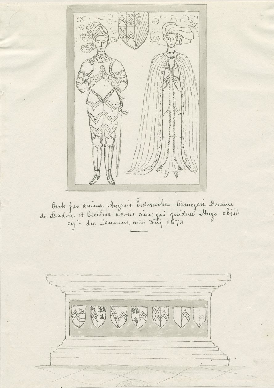 Sandon Kerk - Graf van Hugh Erdeswicke en Cecilia [Bassett]: pen en inkt tekening door School English