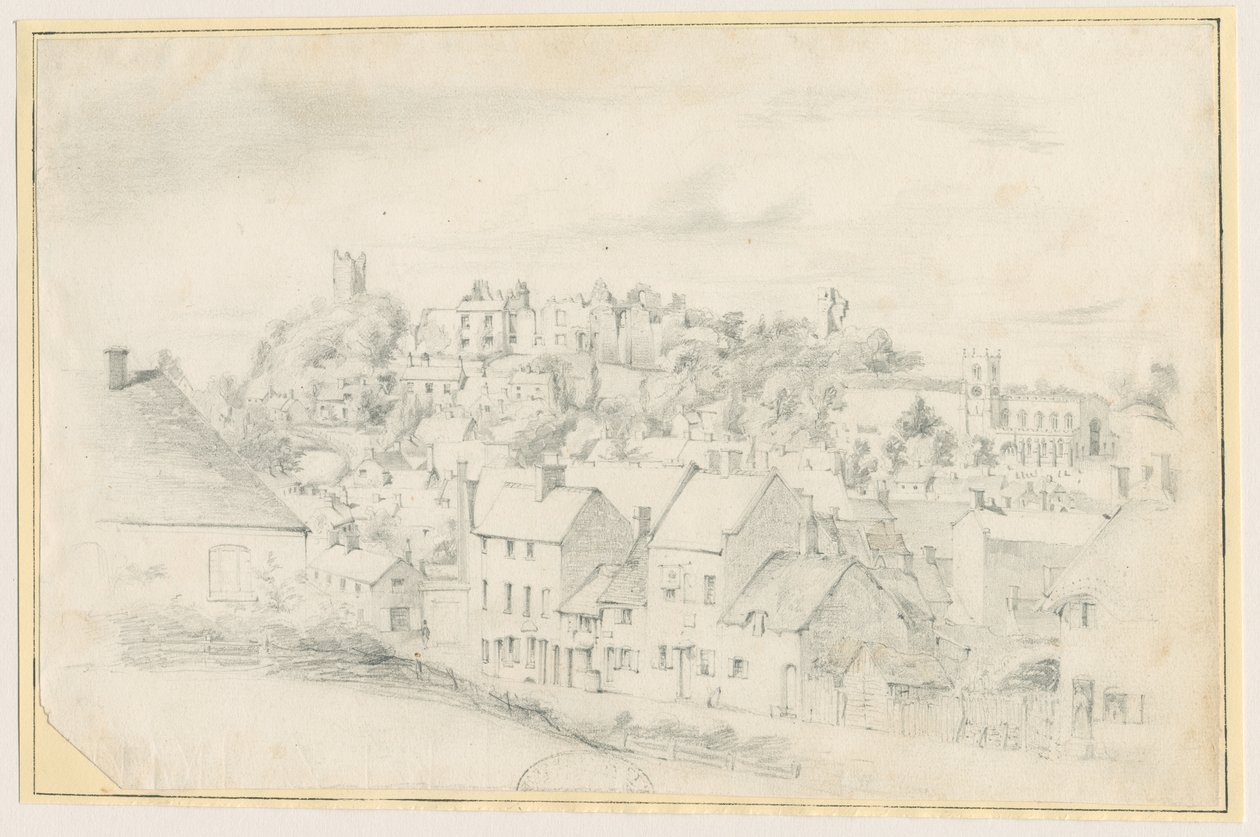 Tutbury - Stad, Kerk en Kasteel: potloodtekening, nd [?19e eeuw] door School English
