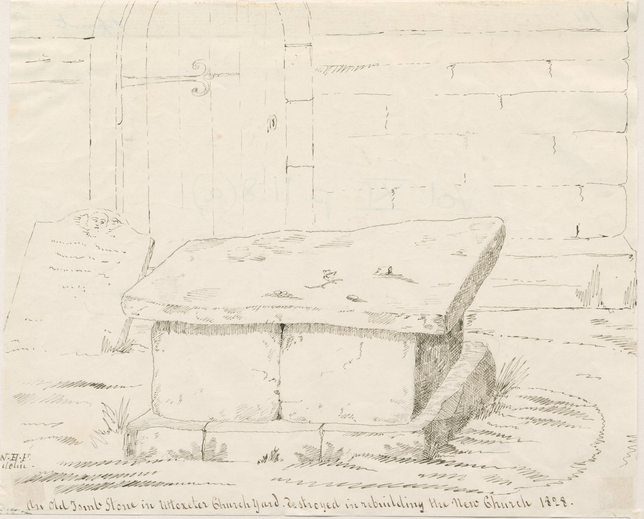 Uttoxeter Kerk - Oude grafsteen: pen en inkt tekening, nd [midden 19e eeuw] door School English