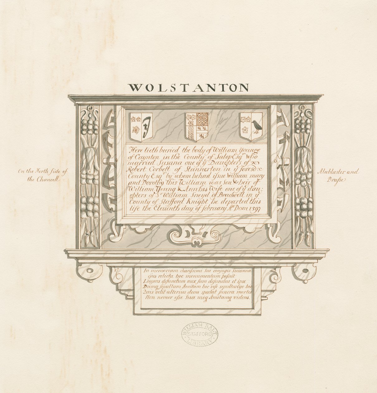 Wolstanton Kerk - Muurmonument voor William Yonge van Caynton: pen en wassing tekening, nd [?19e eeuw] door School English
