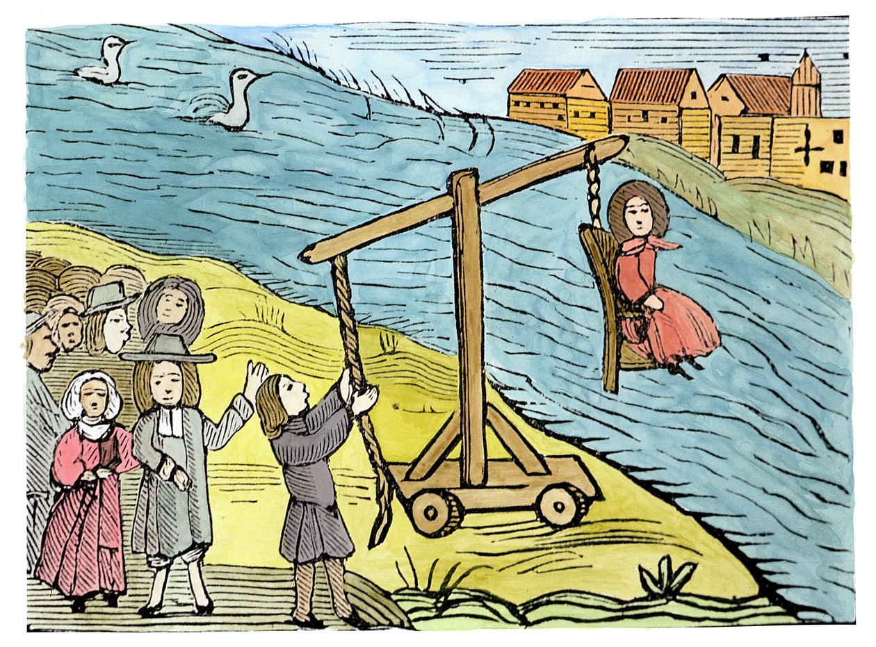 Vrouw op een schandstoel, beschuldigd van hekserij, illustratie uit een verzameling chapbooks over esoterica door School English