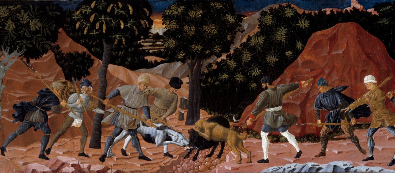 Everzwijnjachtscène. Detail. Anoniem schilderij van de Florentijnse School. 1450-1460. Toulouse, Musée des Augustins door School Florentine