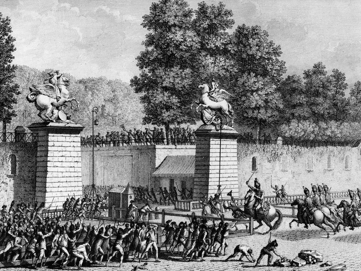 Begin van de Franse Revolutie: Monsieur Charles Eugene de Lorraine, Prins van Lambesc (1754-1825) betreedt de Tuilerieën met een detachement van Royal German op 12 juli 1789 om de eerste revolutionairen te onderdrukken. Parijs, Bibliotheek van het Instituu door School French