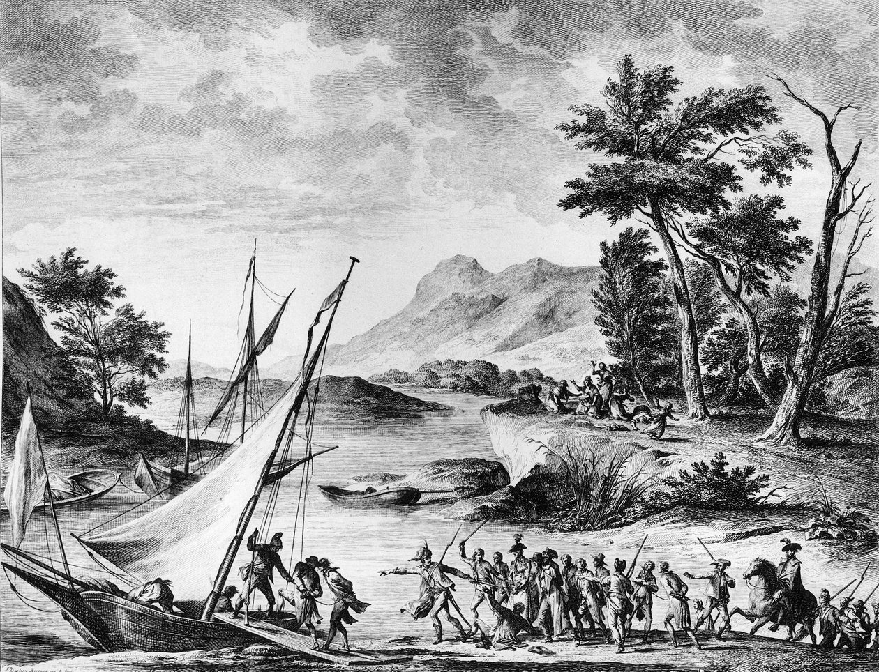 Franse revolutie: arrestatie van Franse ambassadeurs Charles Louis Huguet de Semonville (1759-1839) en Hugues Bernard Maret (1763-1839) in Novate op 25 juli 1793. Gravure en tekening door Duplessi - Bertaux door School French