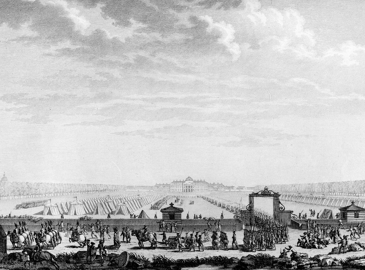 Franse Revolutie: de militaire troepen van het Marsveld vertrekken naar Place Louis XV op 12 juli 1789. Parijs, Bibliotheek van het Instituut voor Geschiedenis van de Revolutie door School French