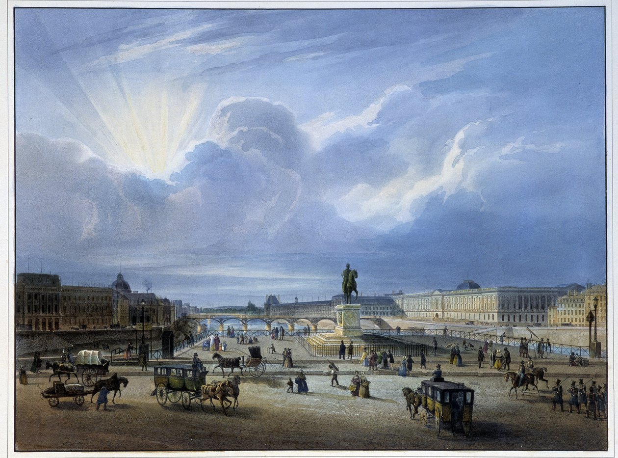 Algemeen uitzicht op het Louvre met het standbeeld van Hendrik IV door School French