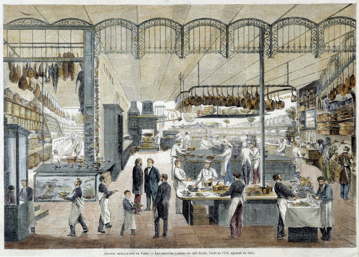 Grote restaurants in Parijs: de nieuwe keukens van het Café Riche, opgericht in 1785, uitgebreid in 1865 door School French