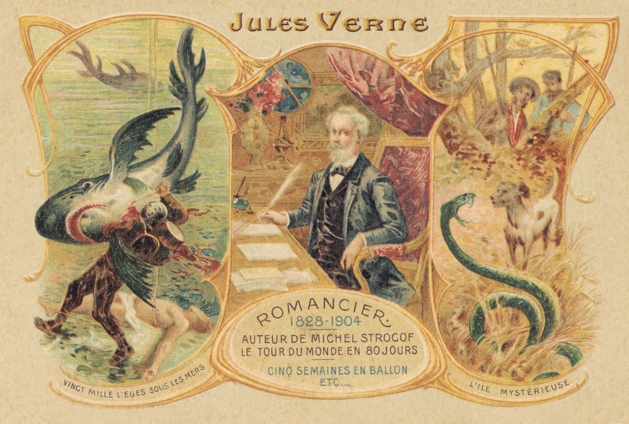 Jules Verne en zijn beroemde werken (prent) door School French