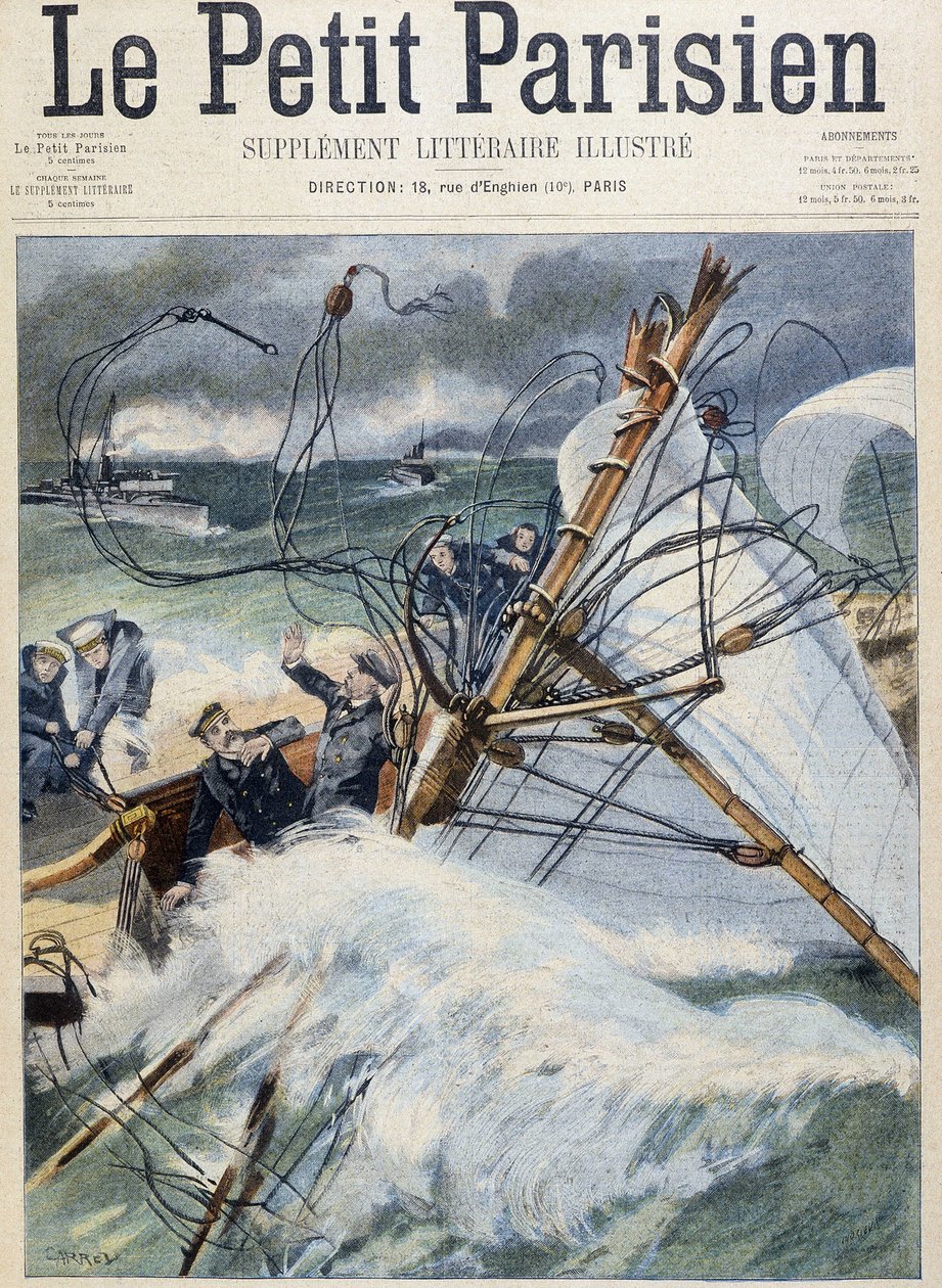 Koning van Engeland slachtoffer van een navigatieongeluk op de Shamrock II (in Le Petit Parisien, Arts Deco) door School French