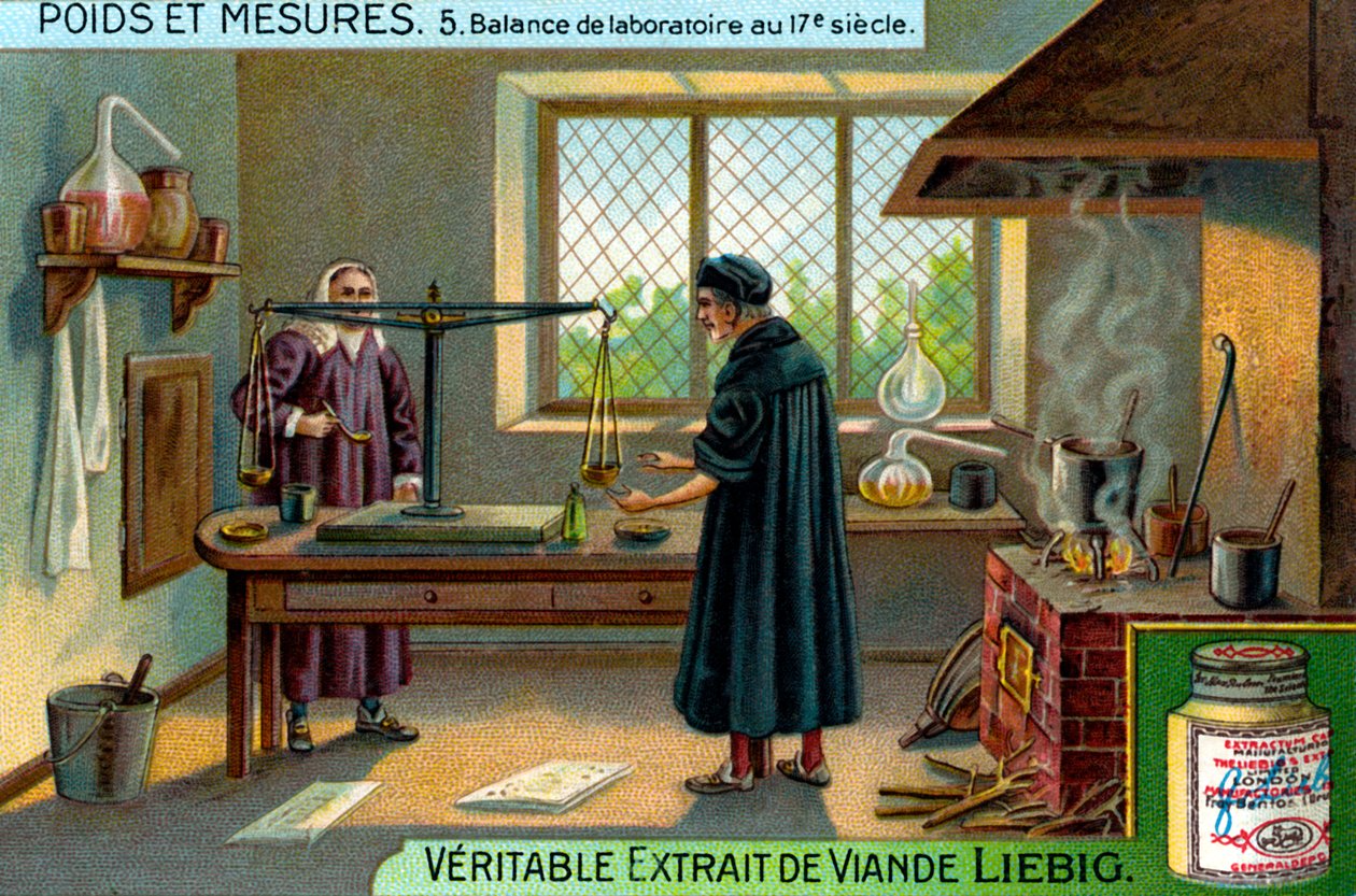 Laboratoriumweegschaal in de 17e eeuw, Liebig-kaart (print) door School French