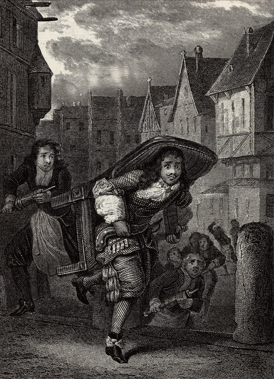 Monsieur de Pourceaugnac - Gravure uit werken van de Engelse auteur Molière - Scène uit het toneelstuk Monsieur de Pourceaugnac door Jean-Baptiste Poquelin genaamd Molière door School French