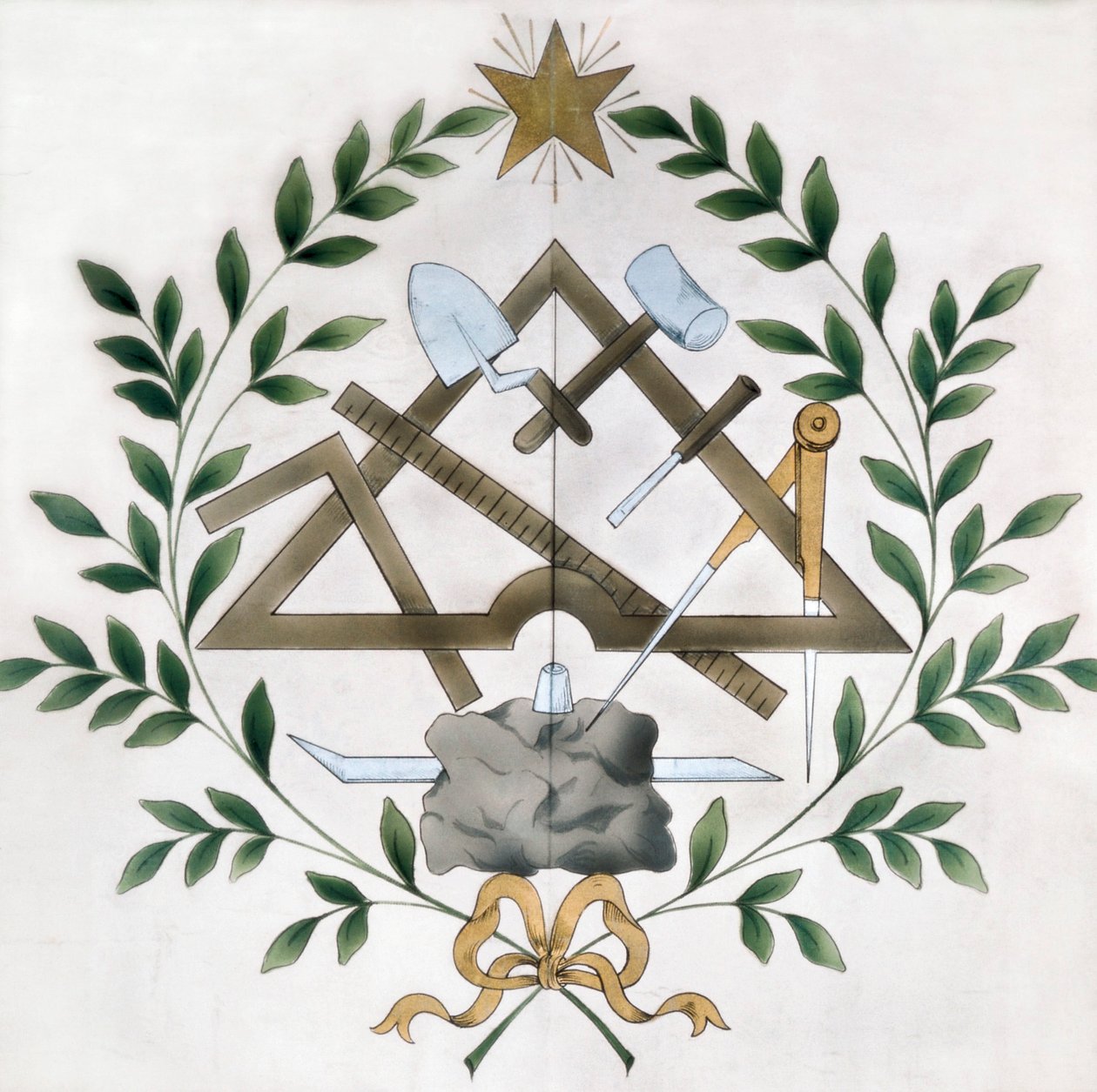 Voorstelling van de verschillende vrijmetselaarsemblemen (aquarel) door School French