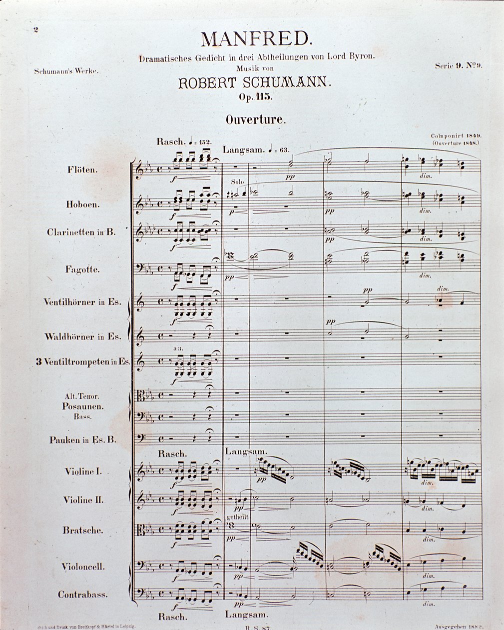 Bladmuziek van de Opening van "Manfred" (opus 115) door de Duitse componist Robert Schumann door School German