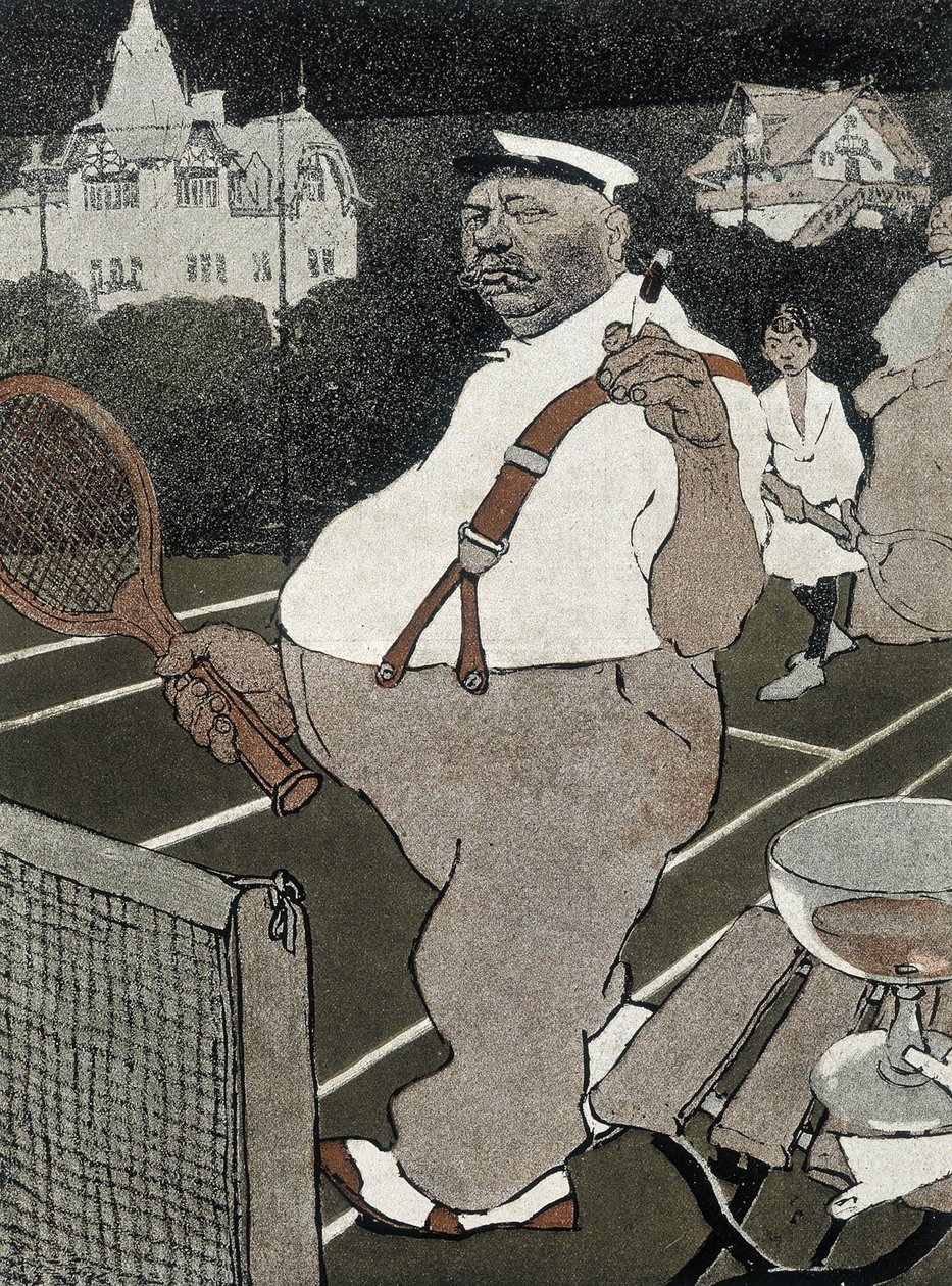 Tennis: dikke man, rokend en alcohol drinkend, speelt tennis - Duitse cartoon door School German