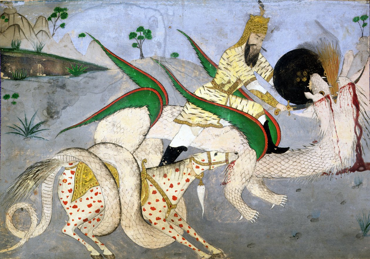 Een bereden krijger die een draak aanvalt, illustratie uit een boek over Indiase mystici door School Indian