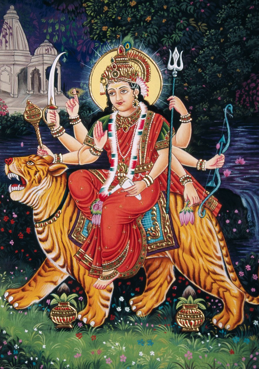 Godin Durga miniatuurschilderij op papier met borduurwerk door School Indian