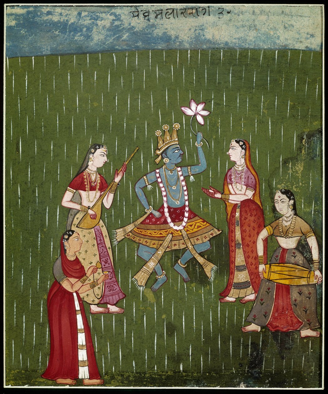 Godin Krishna die in de regen danst met muzikanten (miniatuur) door School Indian