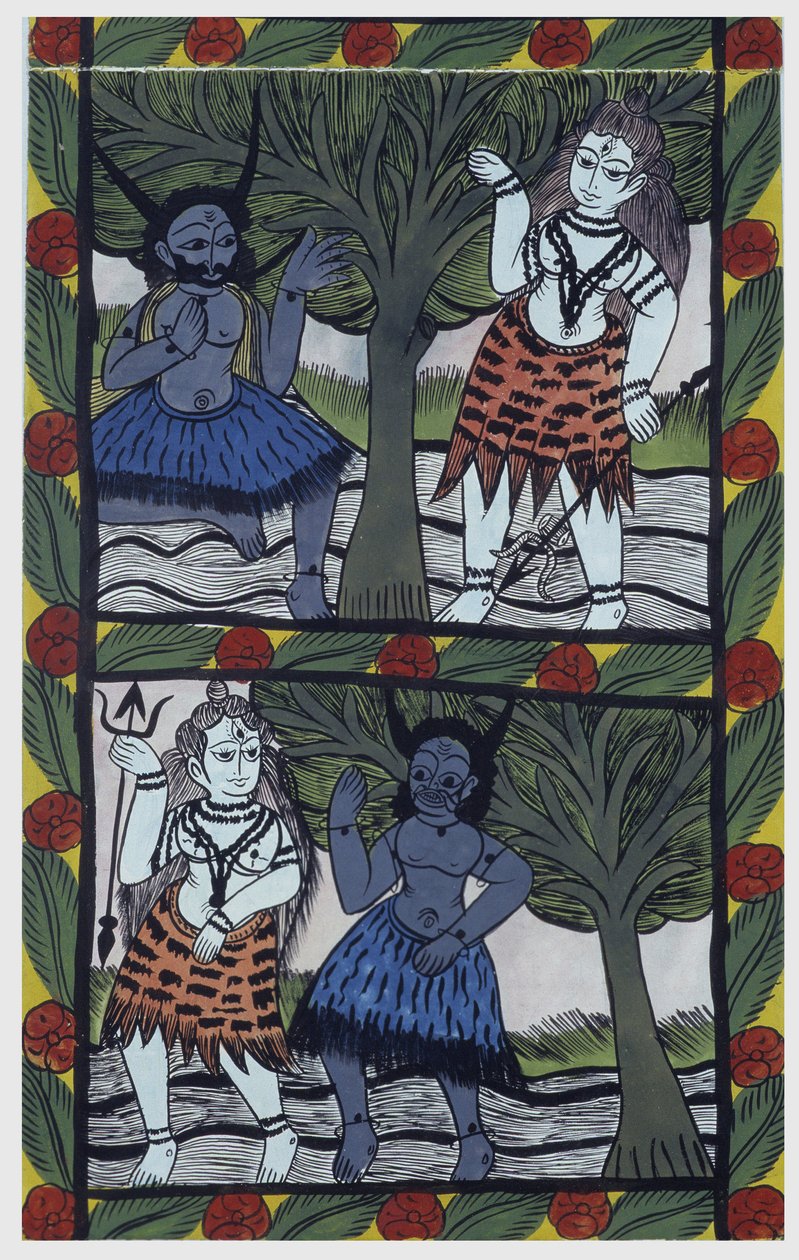 Kama, god van verlangen, stuurt een liefdespijl naar Shiva in meditatie, om te verenigen met Parvati. Pat: geschilderde rol uit de Bengalen regio, dienend als verhalend medium voor de zangers Baoul (Baul). Leonard de Selva privécollectie. door School Indian