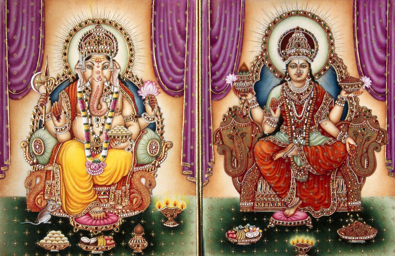 Heer Ganesh Ganpati Godin en Lakshmi Miniatuurschilderij op Ivoor door School Indian
