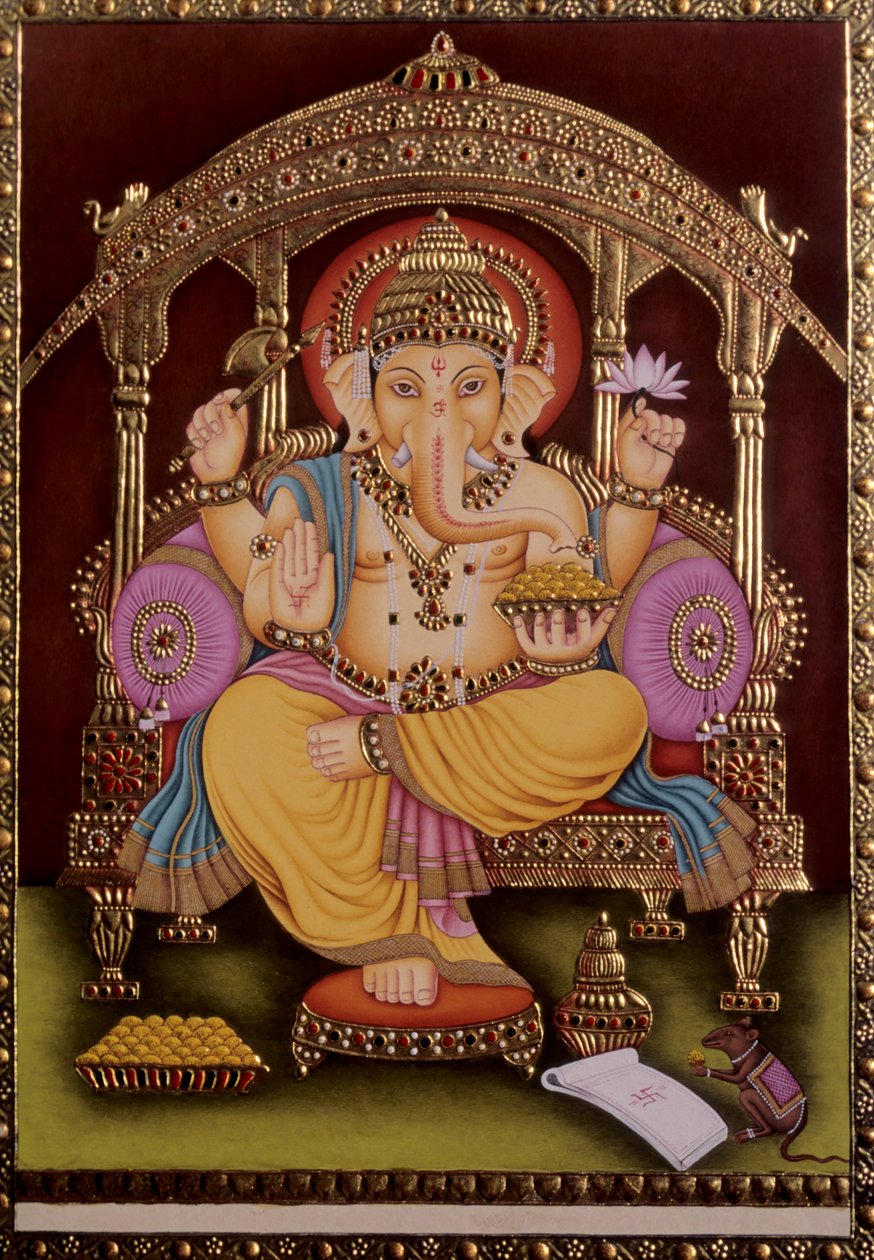 Heer Ganesh Ganpati miniatuurschilderij op papier met goud embossing door School Indian