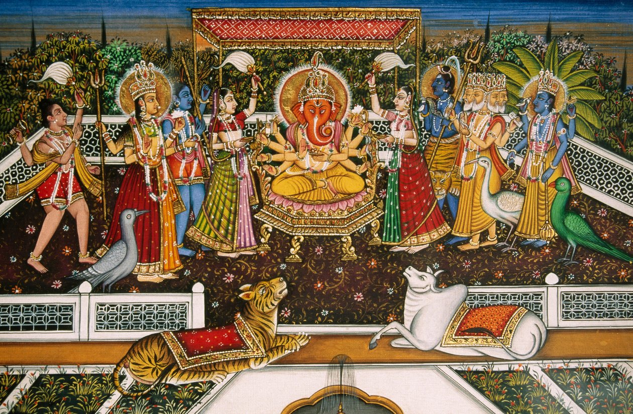 Heer Ganesh Ganpati met Brahma, Vishnu, Shiva, Durga, miniatuurschilderij op papier door School Indian