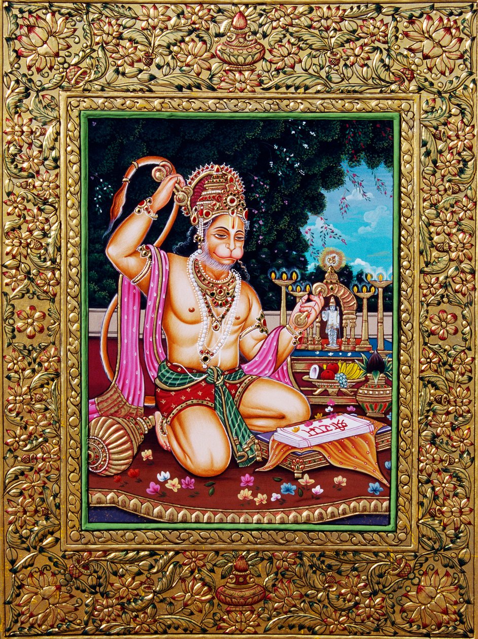 Heer Hanuman Miniatuurschilderij Papier met Gouden Reliëf door School Indian