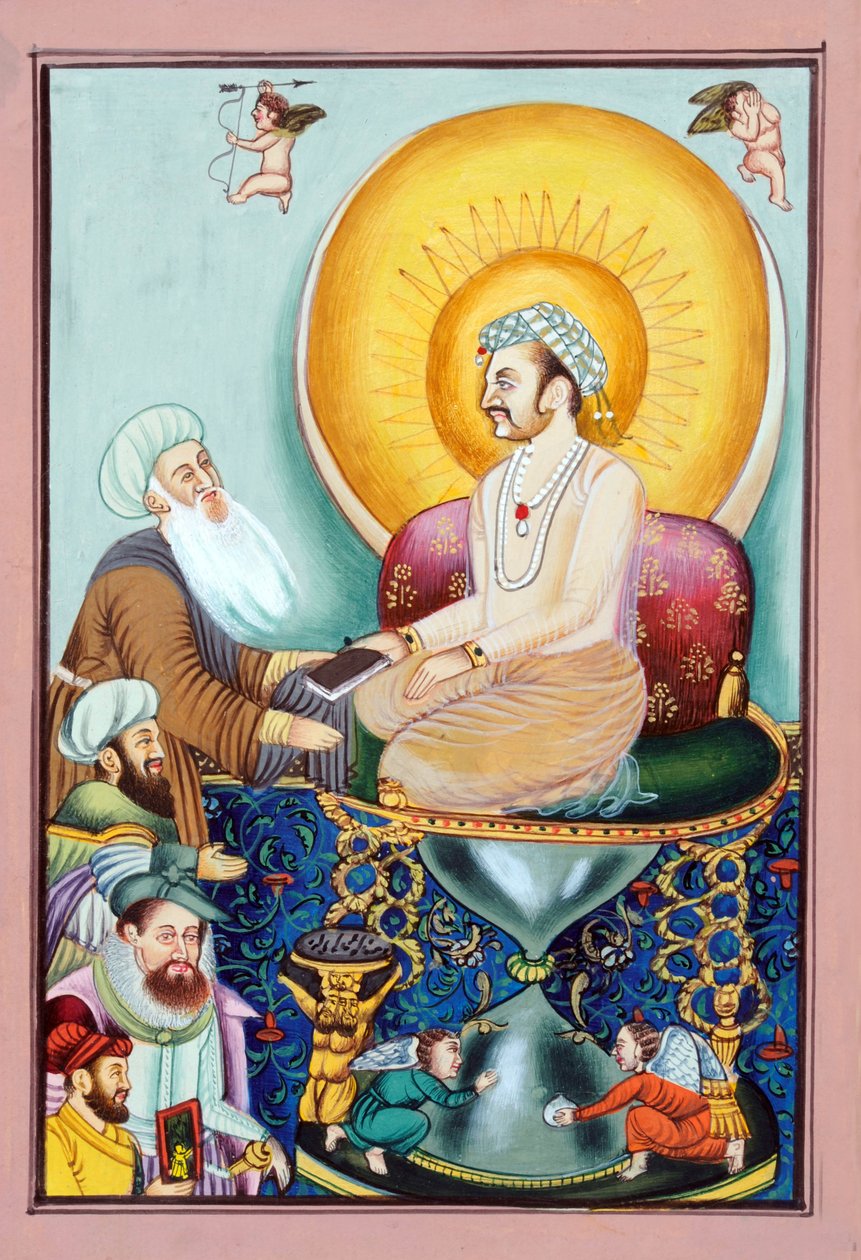 Miniatuurschilderij van Abul Fazl die Akbar Name presenteert aan Mughal keizer Akbar door School Indian