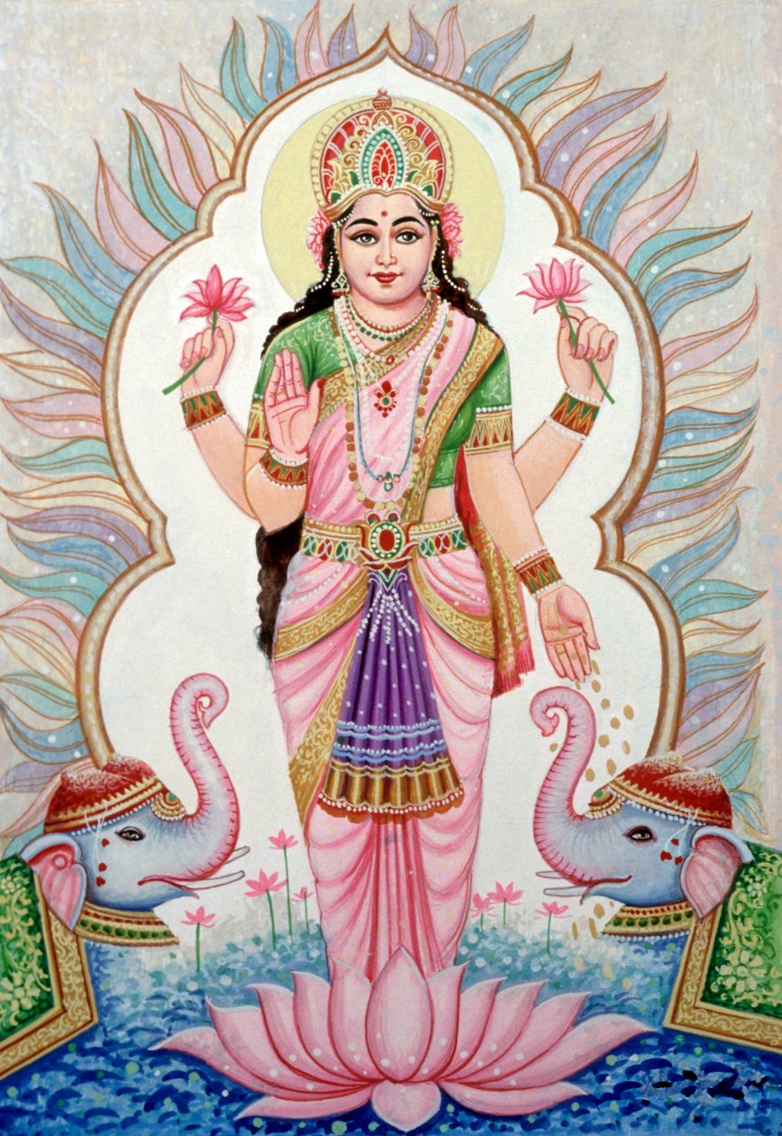 Miniatuurschilderij van godin Laxmi, India door School Indian