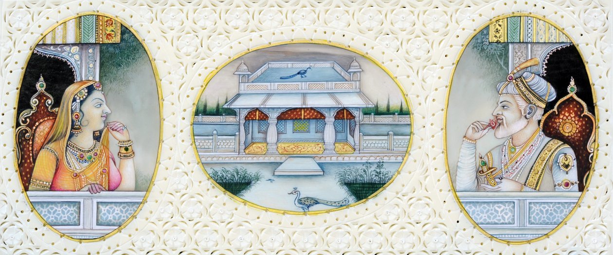 Miniatuurschildering van Mogolkeizer Aurangzeb met vrouw Mehrunnisa door School Indian