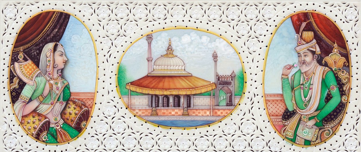 Miniatuurschilderij van Mughal keizer Humayun met vrouw Jhanvi door School Indian