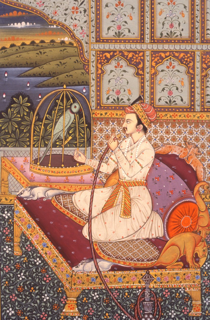 Miniatuurschilderij van een Mughal-prins die geniet van Hooka, India door School Indian