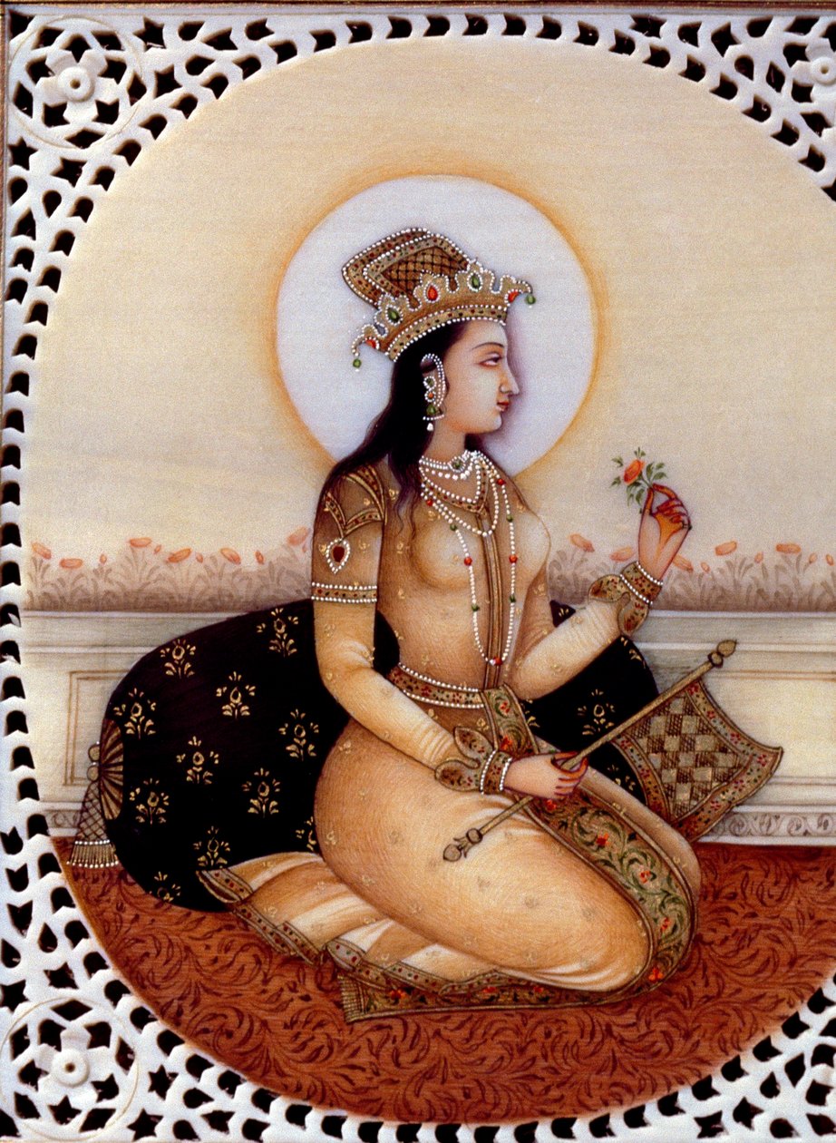Miniatuurschilderij op ivoor van prinses Mumtaz Mahal vrouw van Mughal keizer Shah Jahan door School Indian