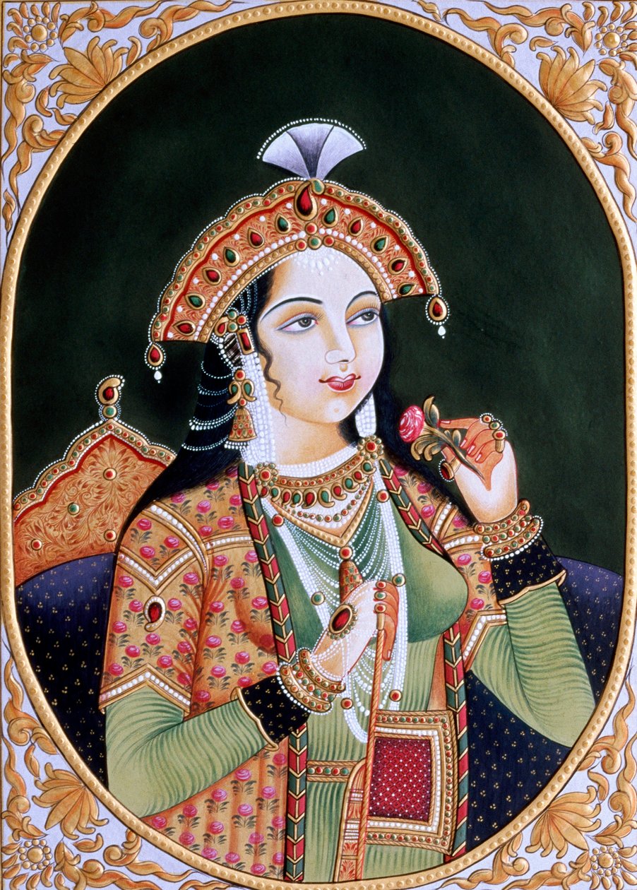 Miniatuurschilderij op papier van prinses Mumtaz Mahal vrouw van Mughal keizer Shah Jahan door School Indian