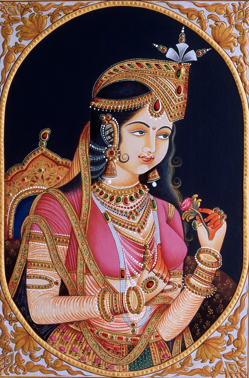 Miniatuurschilderij op papier van prinses Mumtaz Mahal vrouw van Mughal keizer Shah Jahan door School Indian