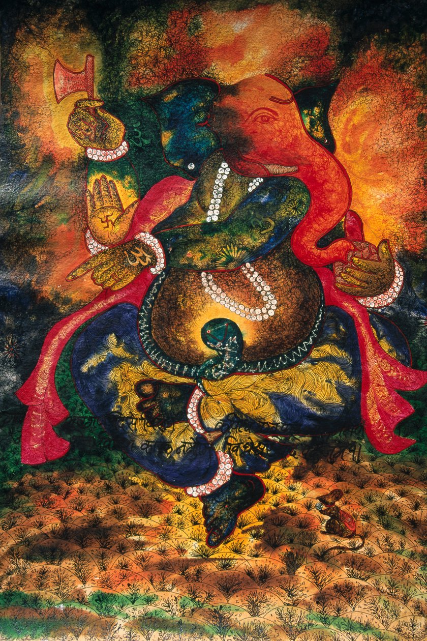 Miniatuurschilderij van Ganesh Ganpati God op papier door School Indian