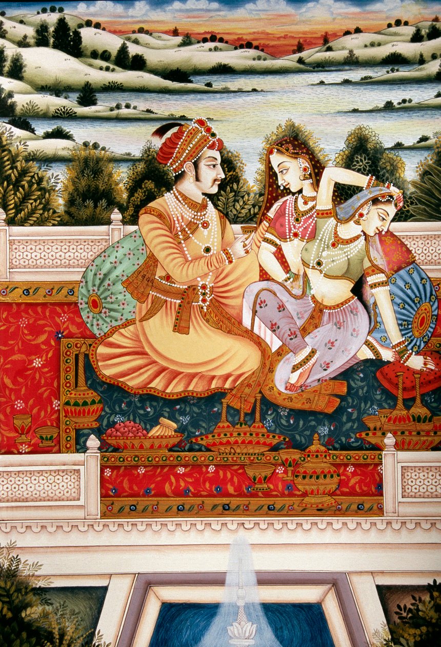 Schilderij van Mughal keizer met zijn vrouwen in liefdesscène, India door School Indian