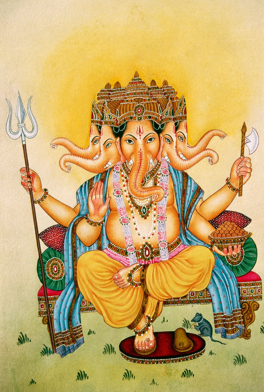Panchmukhi Heer Ganesh Ganpati Miniatuurschilderij op Papier door School Indian