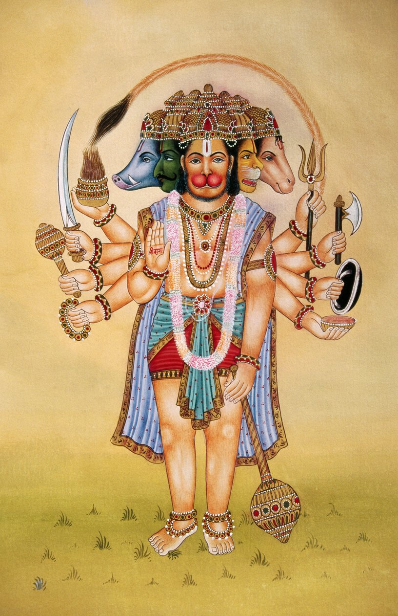 Panchmukhi Heer Hanuman Miniatuurschilderij op Papier door School Indian