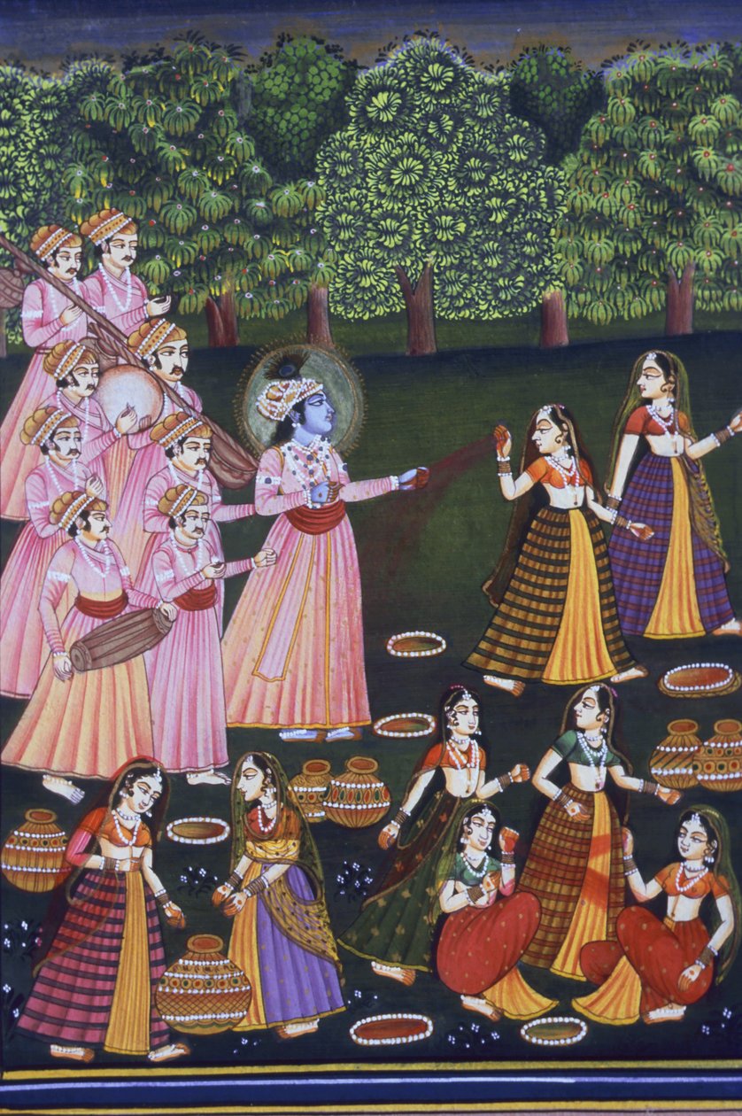 Afbeelding van Krishna die Holi speelt met Gopies (Nalkdwral Pichwai Chool), India door School Indian