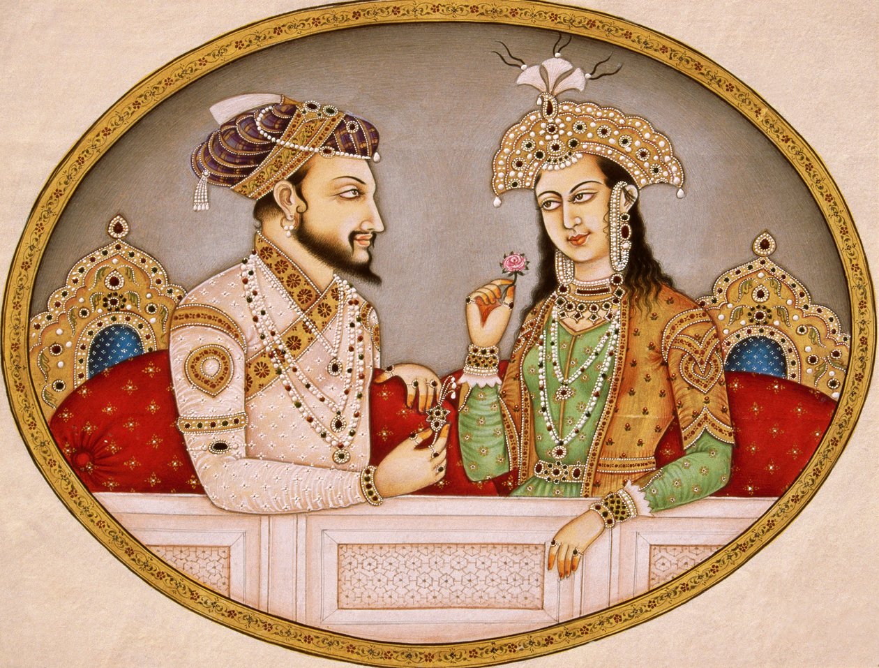 Portret van Mughal keizer Shahjahan met koningin Mumtaz Mahal, India door School Indian